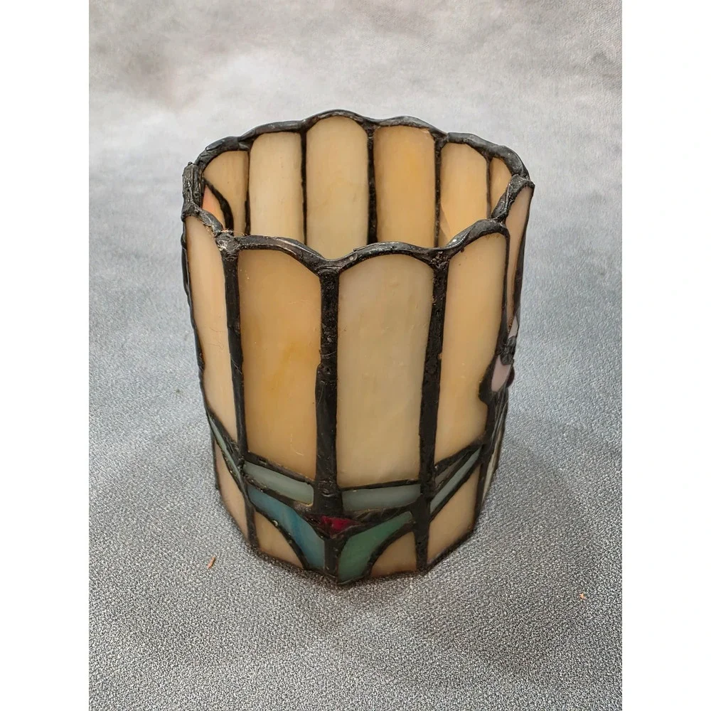 Vintage Stained Glass Votive Candle Holder Slag Glass Mission Style Cream Pink